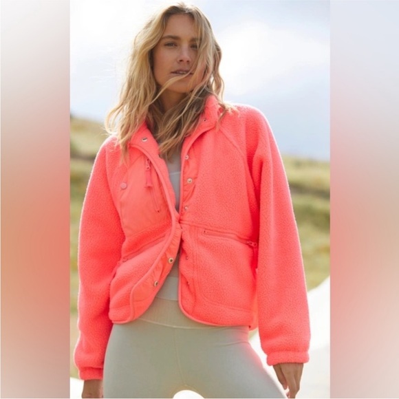 NWT FP Movement Free People Hit the Slopes Fleece Jacket Neon Coral XS